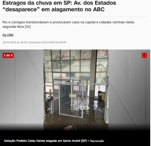 構内まで浸水したCPTMプレフェイト・セルソ・ダニエル駅（3月31日付CNNブラジルの記事の一部）