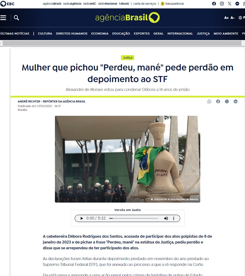 「正義の像」に口紅で「Perdeu, mané」と書いたデボラ容疑者のことを報じるアジェンシア・ブラジル紙サイト