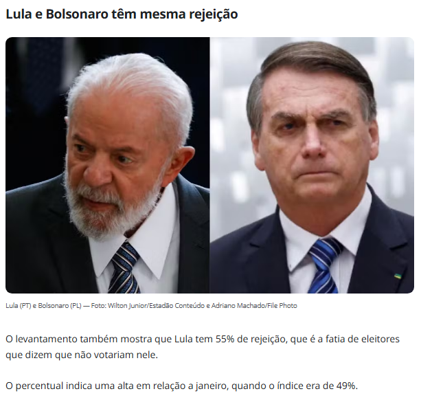 決選投票のシミュレーションと拒絶率で引き分けたルーラ大統領とボルソナロ前大統領（3日付G1サイトの記事の一部）