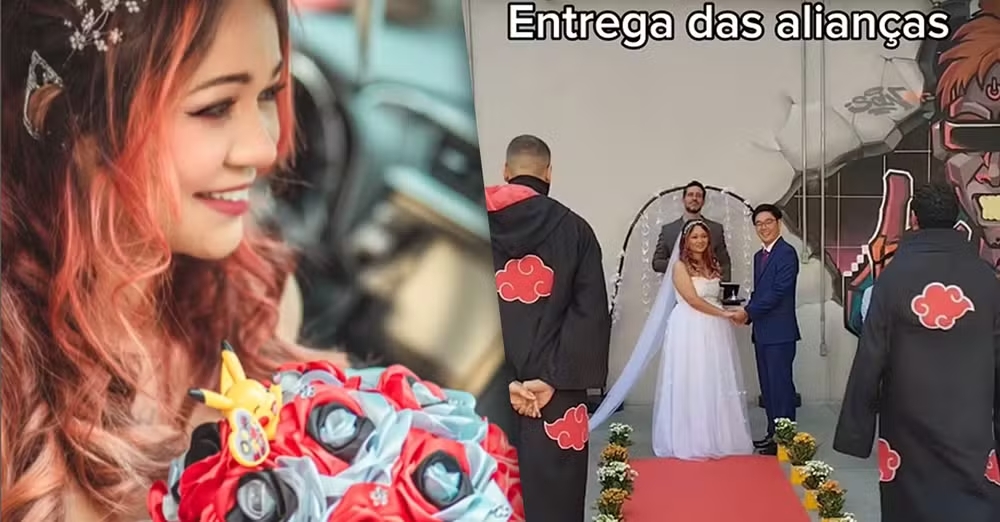 ナルトの暁が運んだ指輪をはめる結婚式の様子（Foto: Reprodução @fernandasunhee/Instagram）