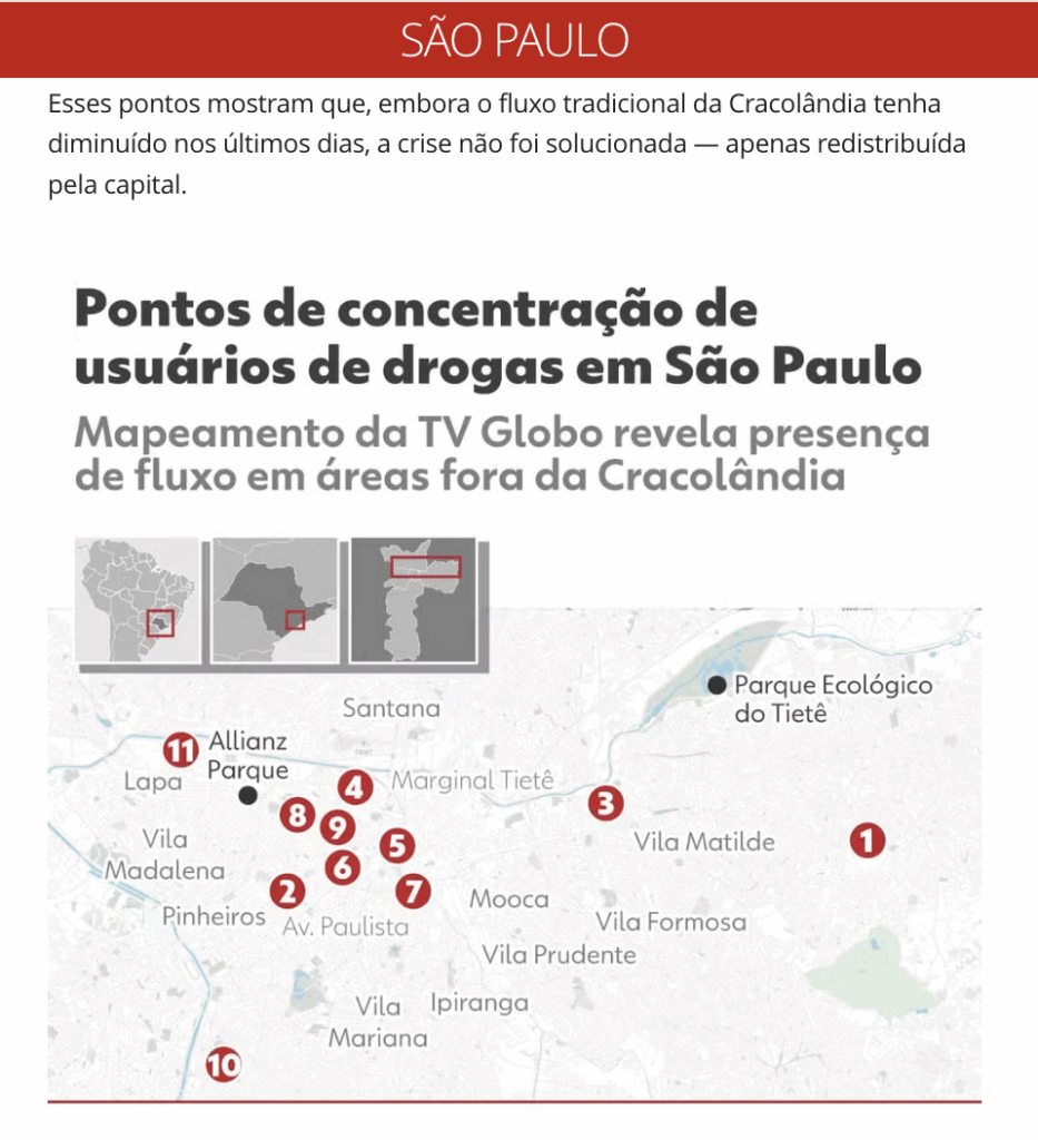 クラコランジア以外で薬物常用者が集まるサンパウロ市内のエリア（13日付G1サイトの記事の一部）
