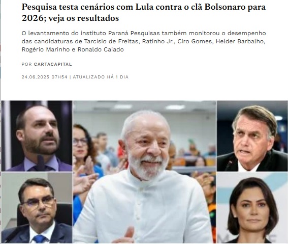 ルーラ氏とボルソナロ一家をぶつける形の大統領選世論調査が行われたと報じるカルタ・カピタルの記事の一部