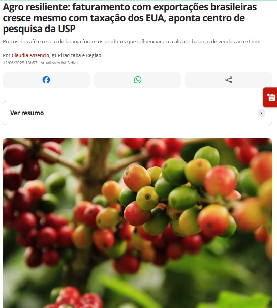 米国による輸入関税導入の中でもアグリビジネスの輸出は堅調と報じる１２日付Ｇ１サイトの記事の一部