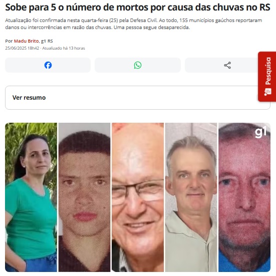 死者が５人に増えたと報じる２５日付Ｇ１サイトの記事の一部