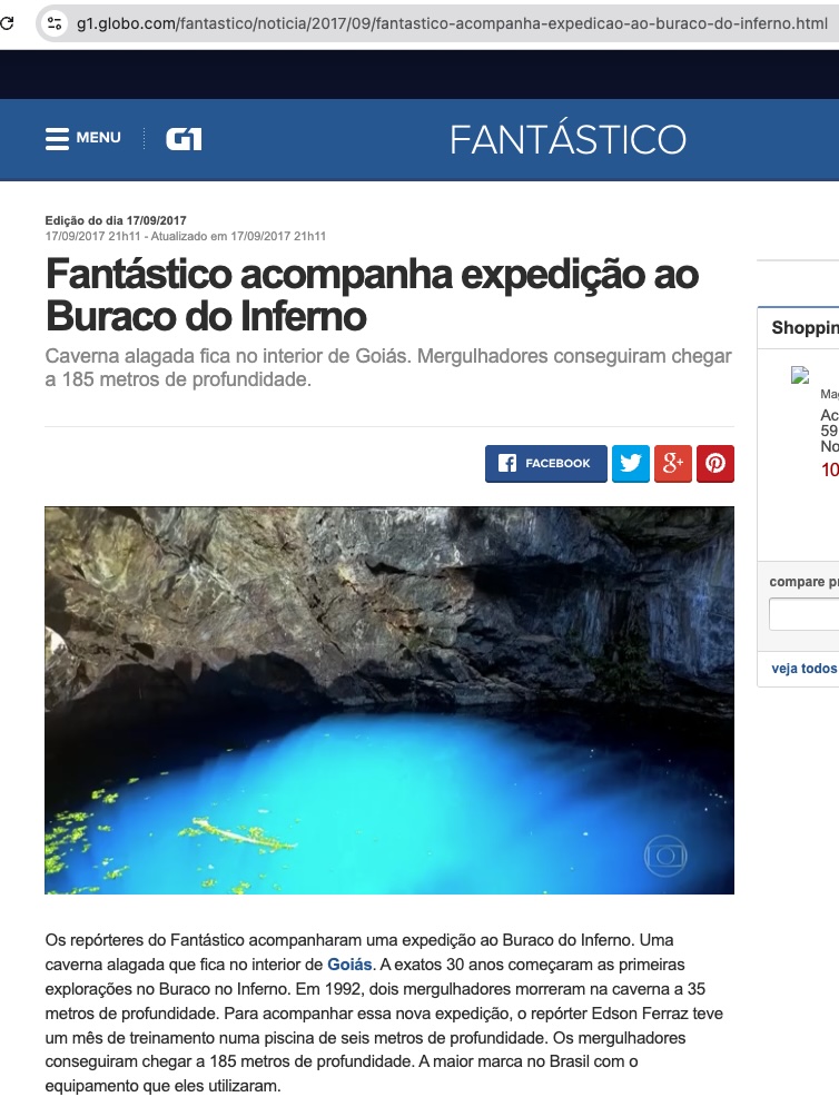 地獄の穴潜入体験を報じる「ファンタスチコ」サイト(https://g1.globo.com/fantastico/noticia/2017/09/fantastico-acompanha-expedicao-ao-buraco-do-inferno.html)