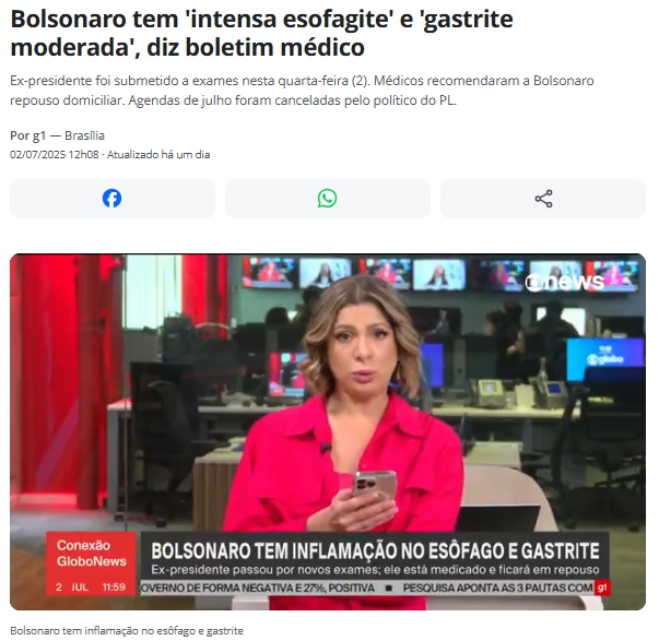 ボルソナロ氏は重度の食道炎と中程度の胃炎を患っていると医師団が発表したと報じる２日付Ｇ１サイトの記事の一部